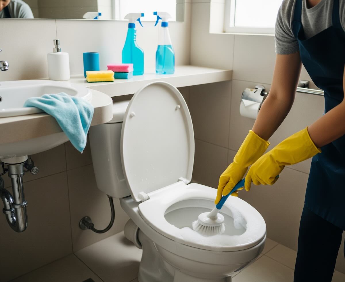 deep cleaning bathroom in a new house before moving in