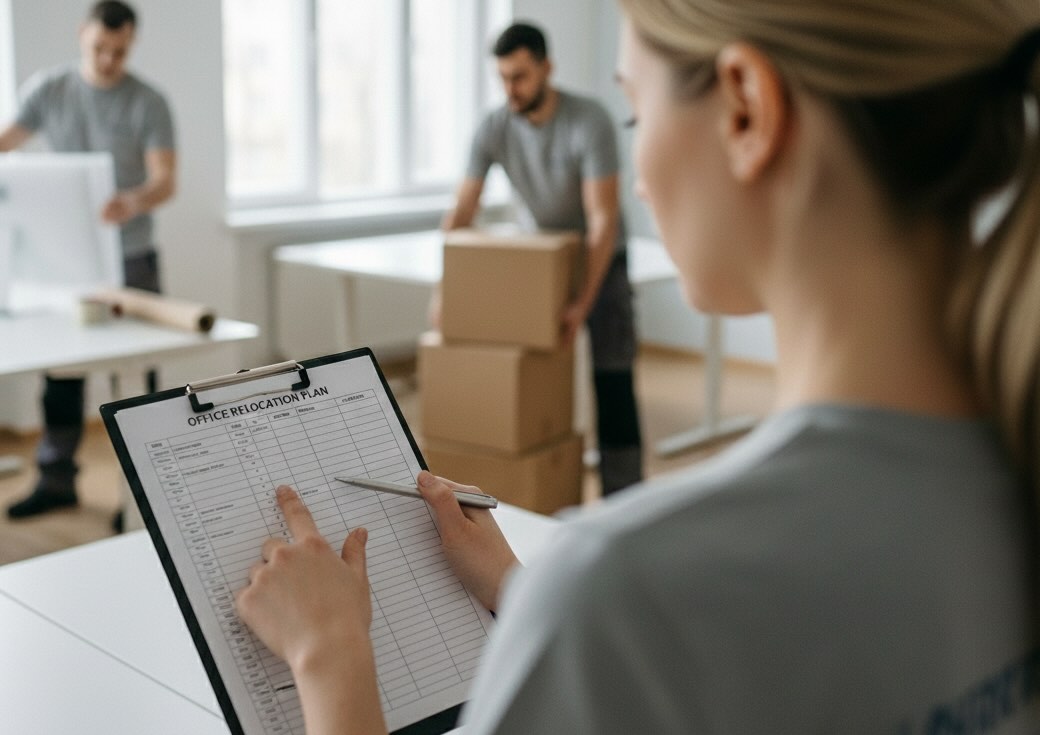 Office movers transporting furniture and equipment during a commercial relocation