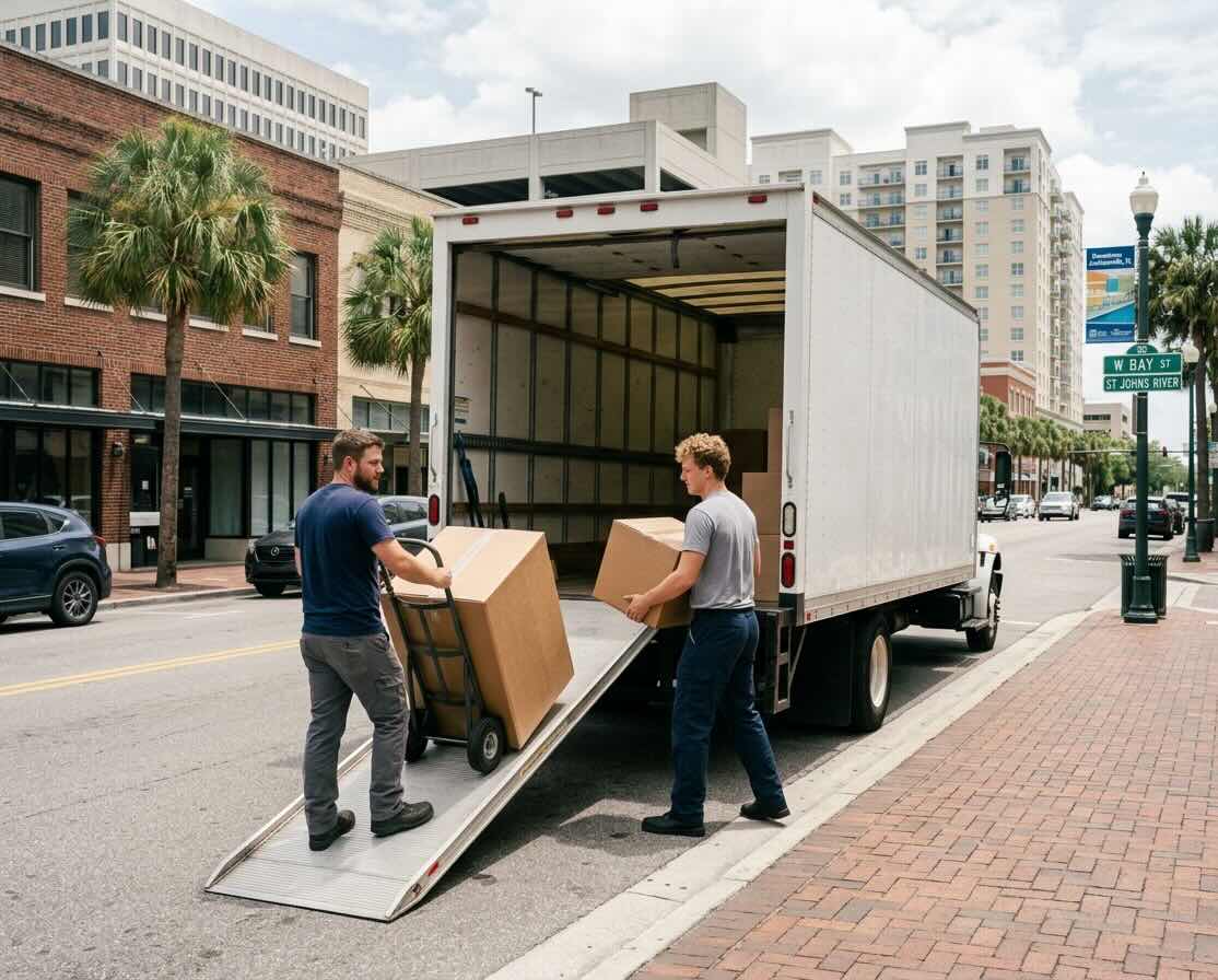 Moving crew loading an unbranded white moving truck on a city street in downtown Jacksonville, Florida.
